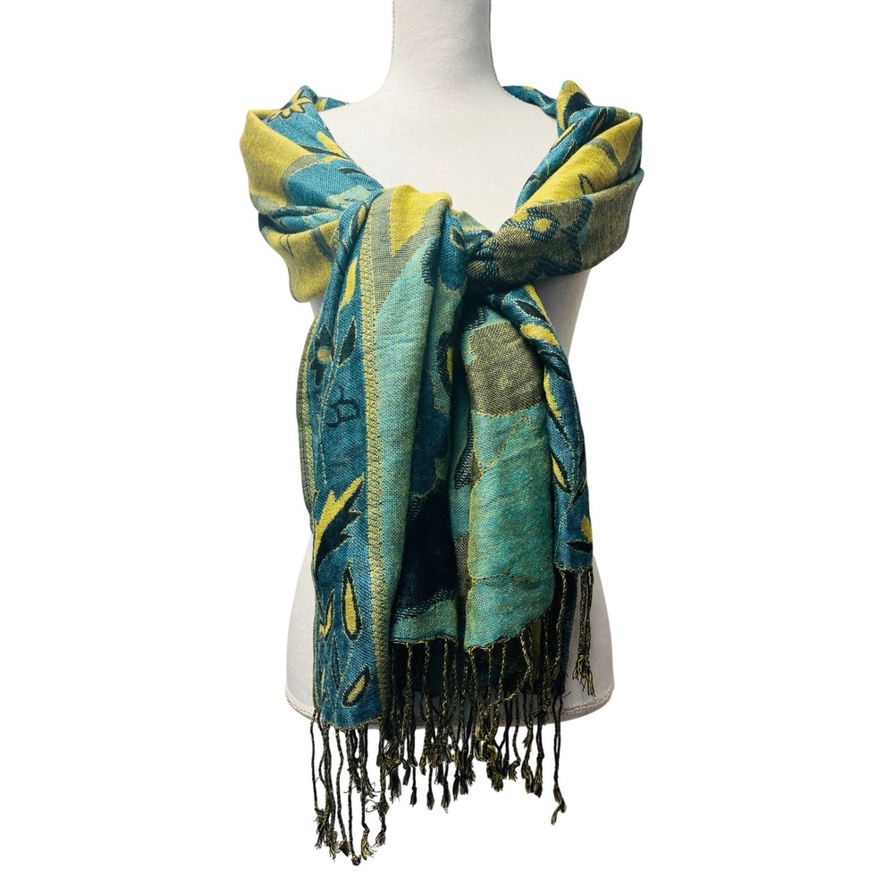 Pashmina Scarf OS Teal Yellow Floral Leaf Jacquard Fringe Wrap Shawl Whimsical